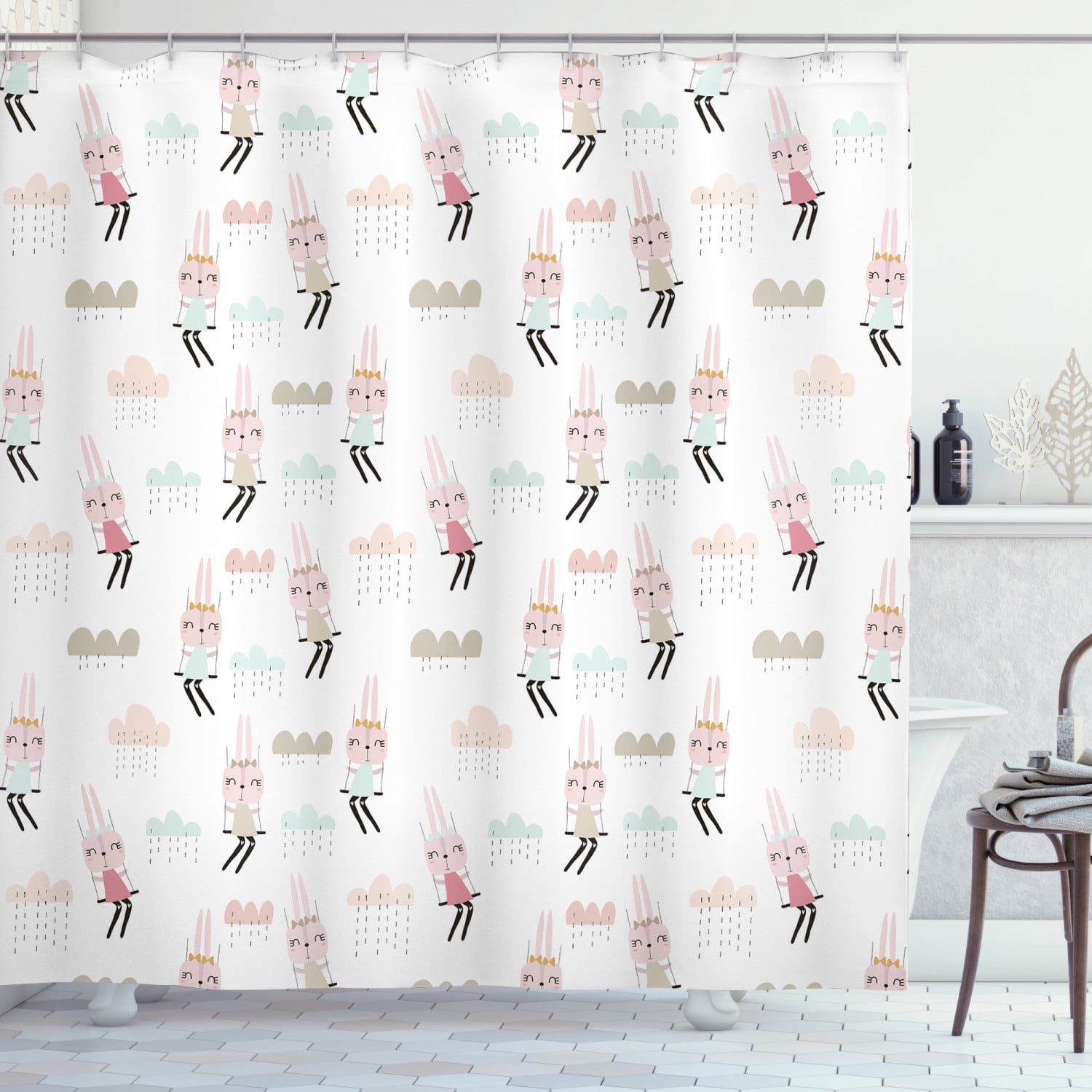 Kids Girls Shower Curtain, Doodle Style Cute Rabbit Girls Swinging