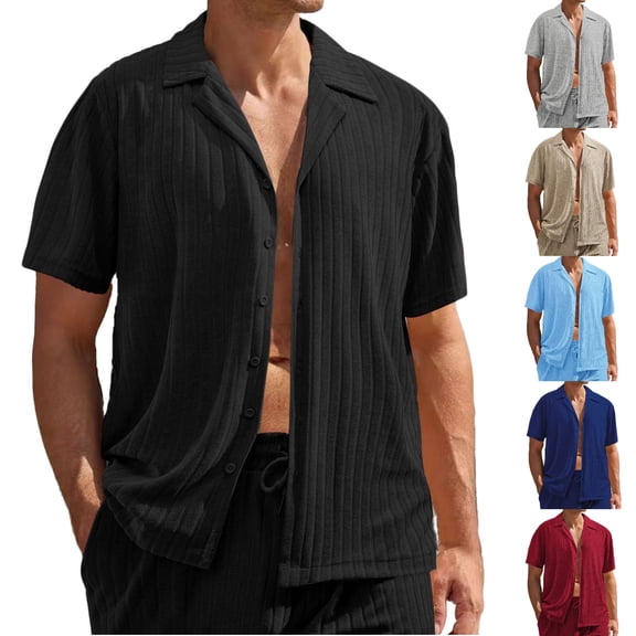 SGFCWSX Men's Ribbed Short Sleeve Button Up Shirt Cuban Collar Casual Textured Shirt for Summer Beach Vacation Black Size XL