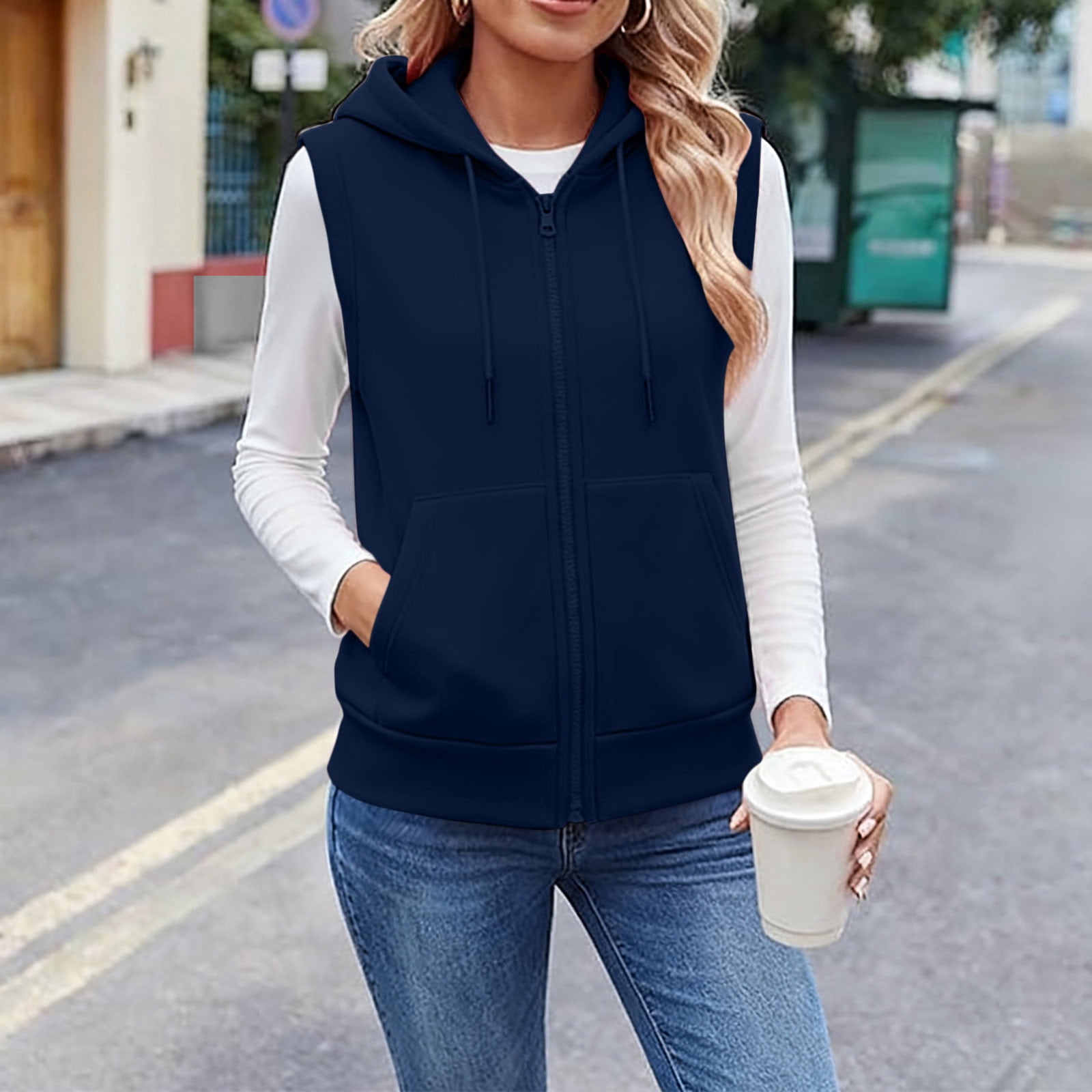 Womens Casual Sweatshirts Cotton Sleeveless Hooded Outerwear Vest with Pockets Sport Casual Full Zip Hoodie Jacket (4XL, Dark Blue)