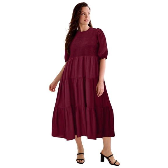 Ellos Plus Size Short Sleeve Smocked Bodice Midi Dress