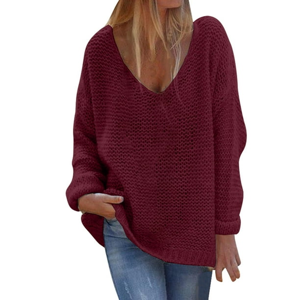 PMUYBHF Female Sweaters for Women Women's V Neck Long Sleeve Knit Sweater  Casual Pullover Jumper Top S 