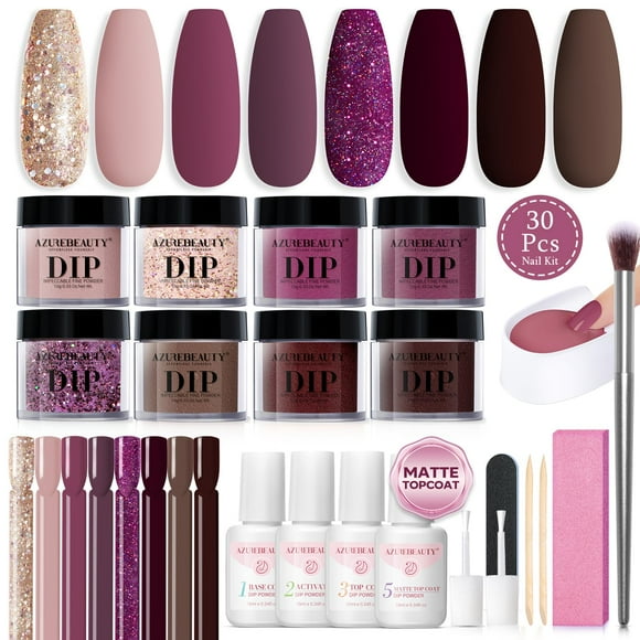 Kit de uñas en polvo AZUREBEAUTY con purpurina, morado y marrón