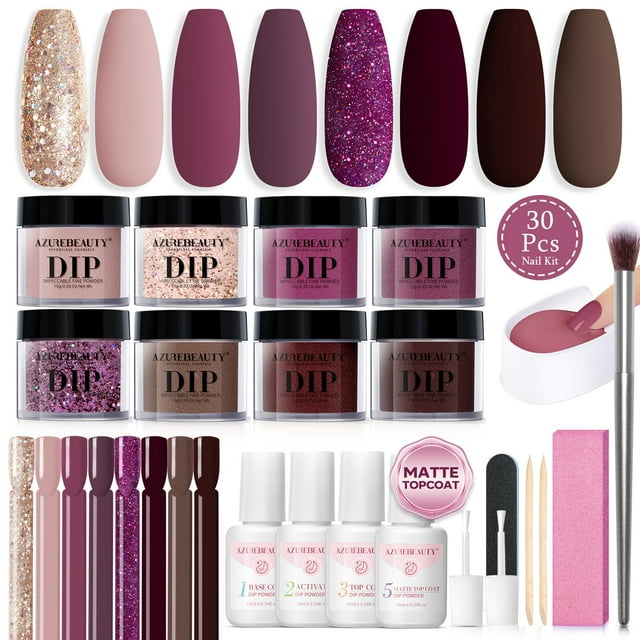 Kit de uñas en polvo AZUREBEAUTY con purpurina, morado y marrón