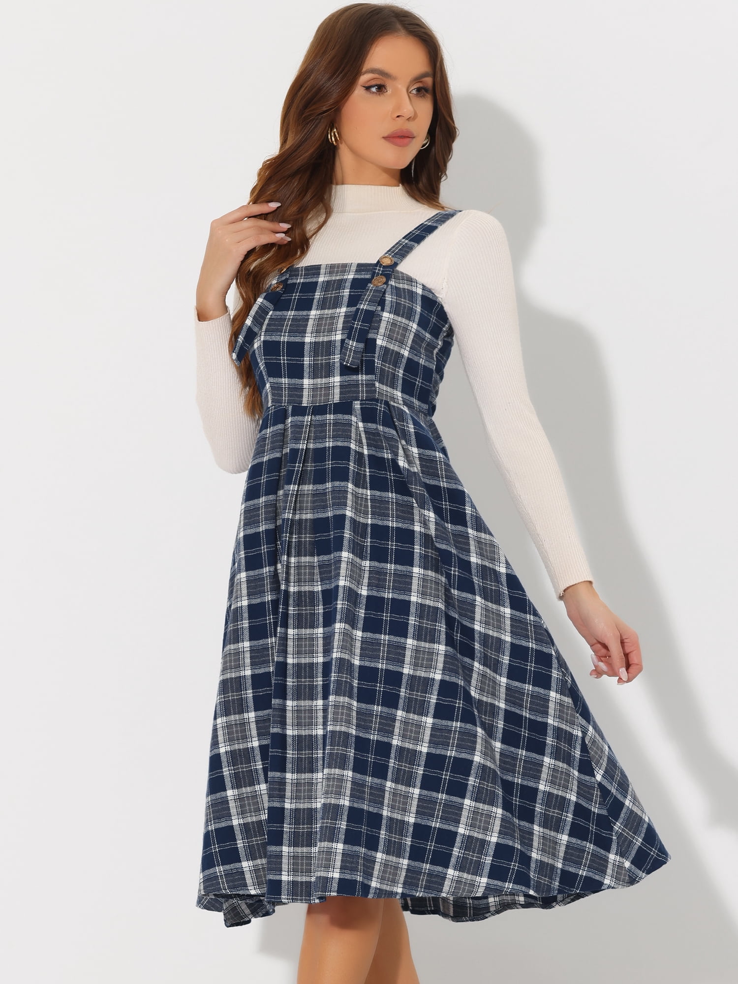 DARING DIVA Plaid Overalls Vintage Sleeveless A-Line Pinafore Dress XS Dark Blue