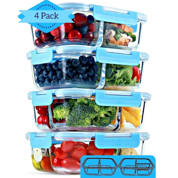 Glass Meal Prep Containers [4 Pack, 32 oz] - 2 & 3 Compartment Food Storage Containers with Lids, BPA Free Food Prep Containers, Bento Box, Lunch Box, Portion Control, Airtight