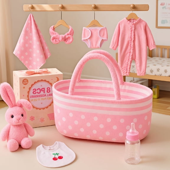 8-Piece Set with Bassinet, Bodysuit, Diaper, Bib, Blanket, Headband, Bottle for 17-22 Inch Dolls