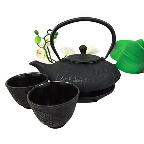 Atlantic Collectibles Japanese Evergreen Bamboo Forest Black Heavy Cast Iron Tea Pot Set With Trivet and Cups Set Serves 2 Excellent Home Decor Asian Living Gift Housewarming