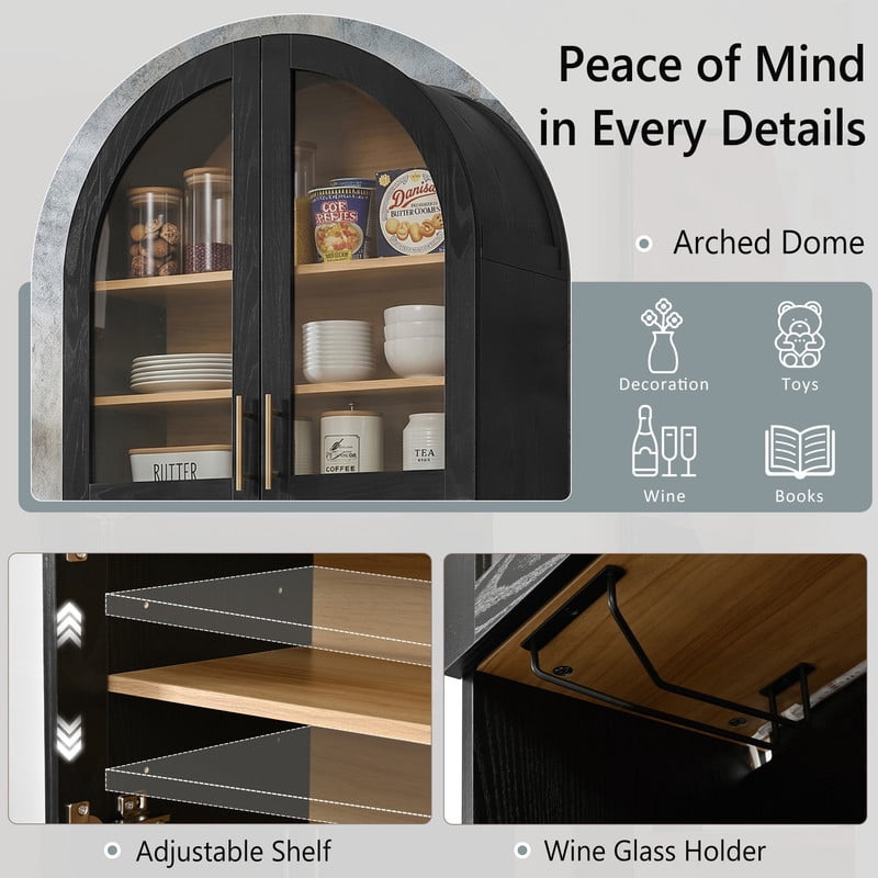 Arched Kitchen Pantry Cabinet with LED Light & Charging Station, Farmhouse Storage Hutch with 2 Drawers, Adjustable Shelves, Glass Doors, Coffee Bar Cabinet for Kitchen, Dining Room