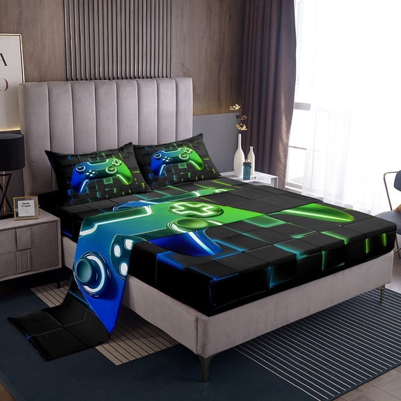 Erosebridal Gamer Bed Sheets Twin , Gradient Green Blue Checkered Bedding Sets Twin Size, Video Game Room Decorative 3-Piece