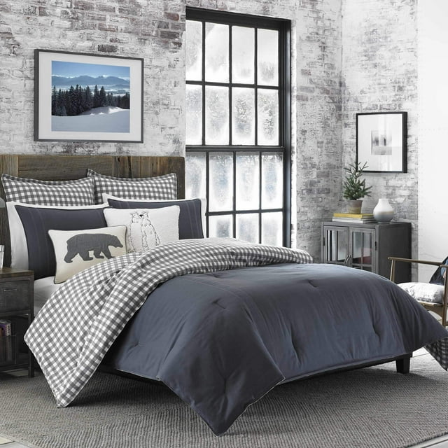 Eddie Bauer - Queen Comforter Set, Reversible Cotton Bedding with Matching Shams, Pre-Washed for Added Softness (Kingston Charcoal, Queen)