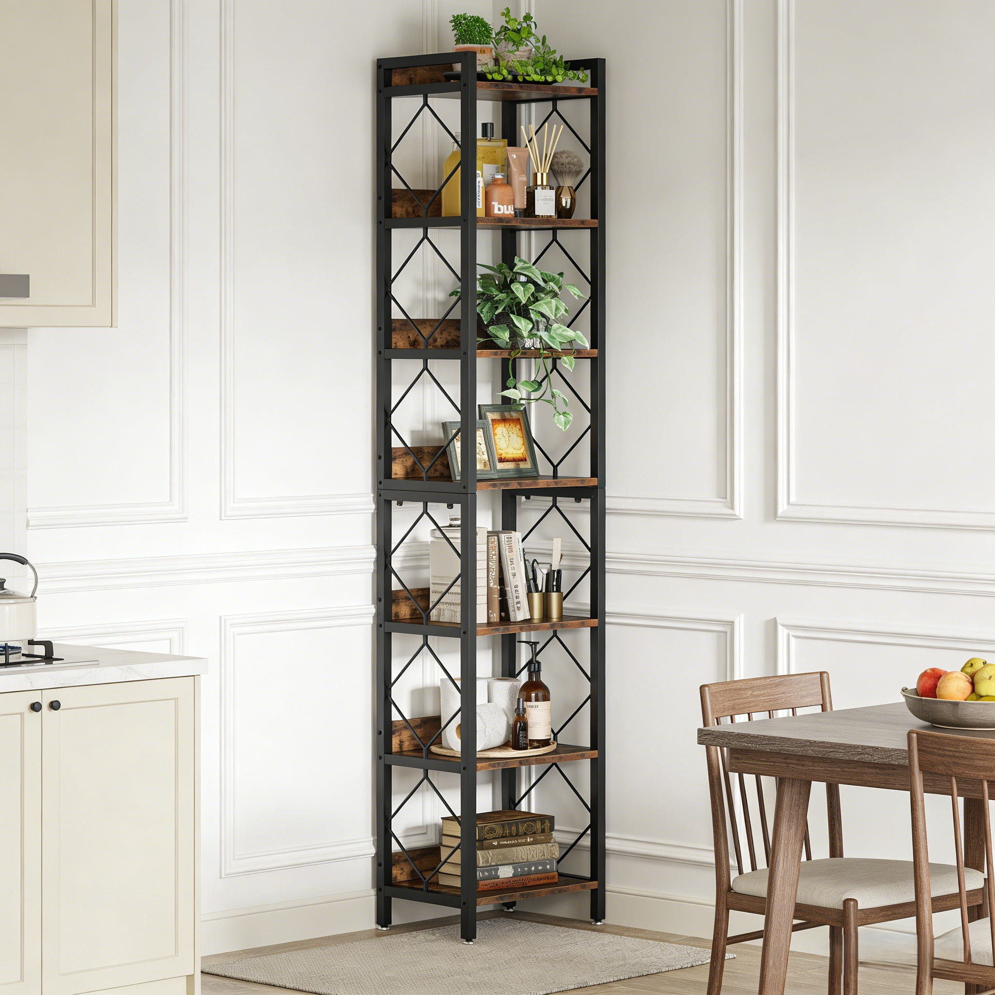 Fnova 78.7" 7-Tier Tall Storage Shelf, Narrow Metal Wood Bookshelf for Small Spaces, Office, Library, Living Room