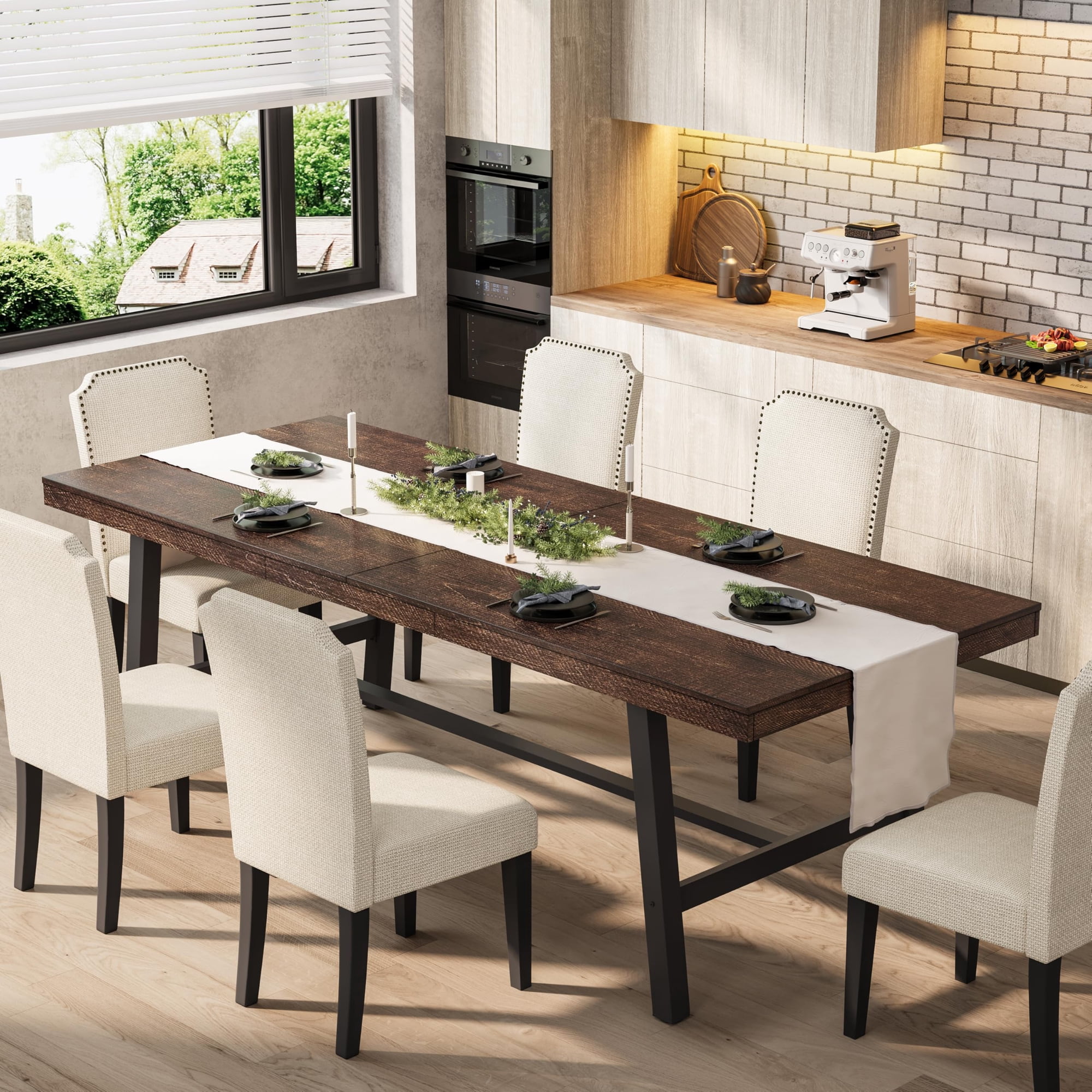 PYY Industrial Dining Table for 8-10 – Extra Large Rectangular Farmhouse Table Heavy Duty Metal Frame Durable Wood Top – for Kitchen Dining Room Office – Cuba Areca Palm 2.2 Meters(Only table)