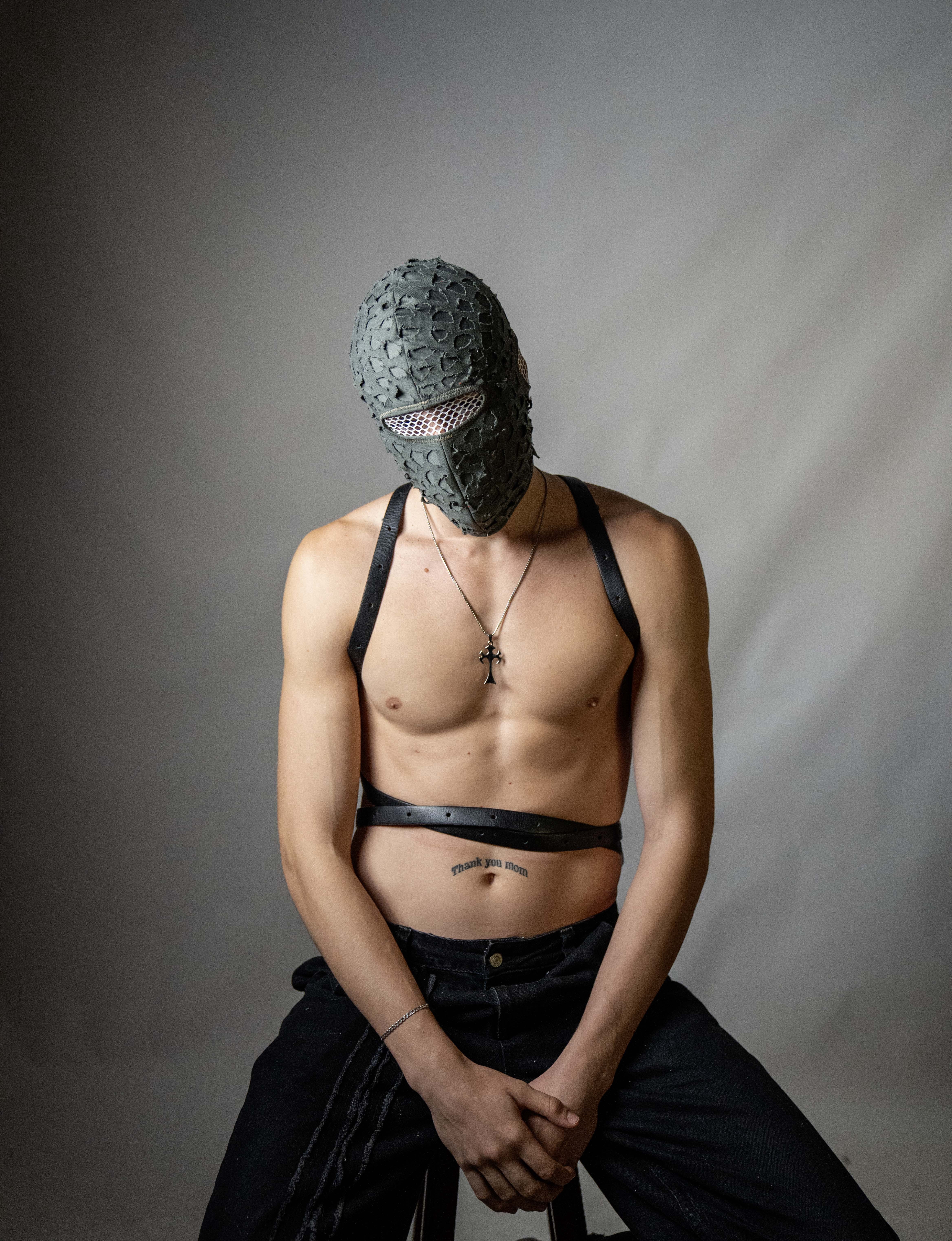 Handmade balaclava ski mask, torn and tattered, shabby tacky cotton ragged full face cover and protector Fragmented, unisex, all ages