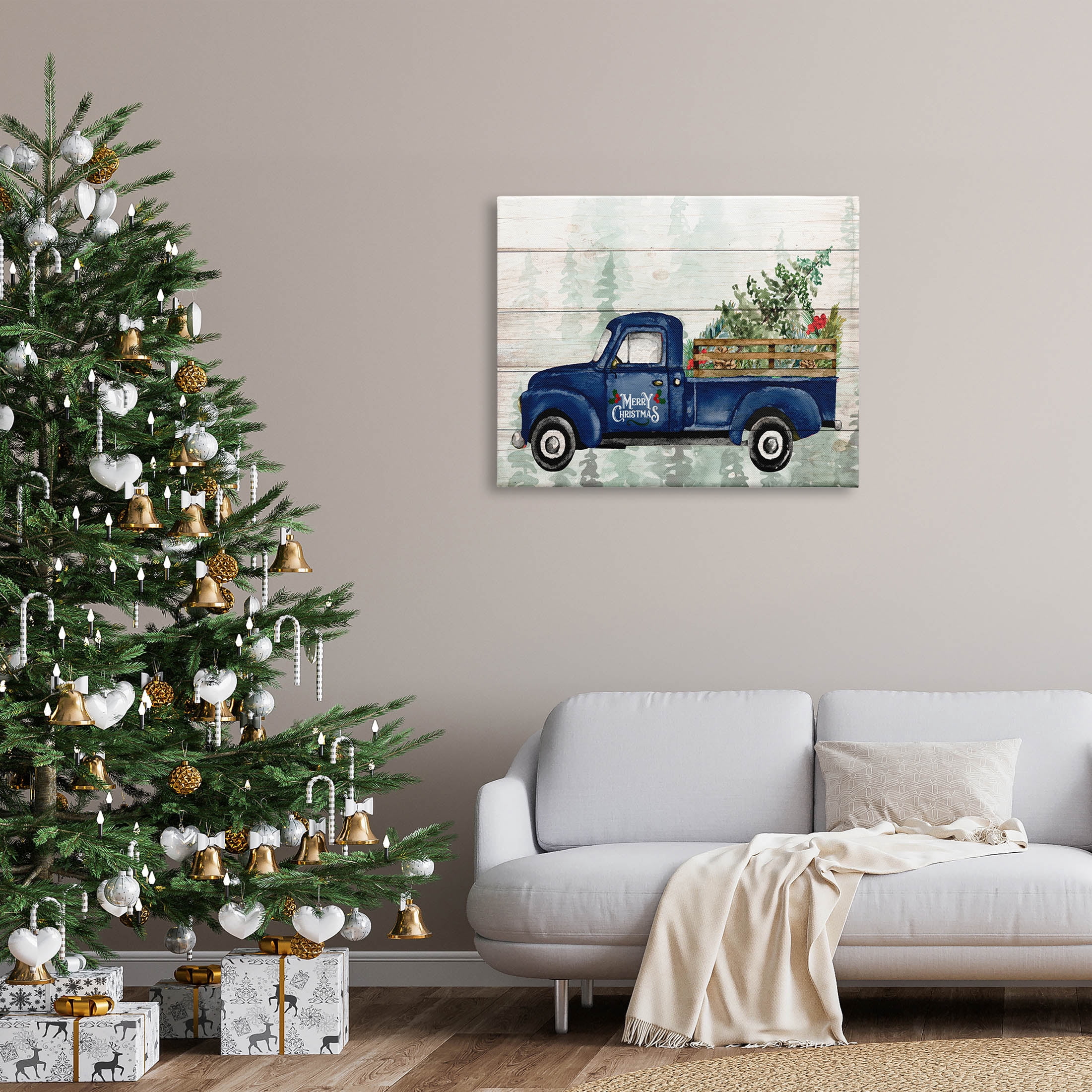Stupell Industries Merry Christmas Blue Holiday Truck Graphic Art Gallery Wrapped Canvas Print Wall Art, Design by Kim Allen