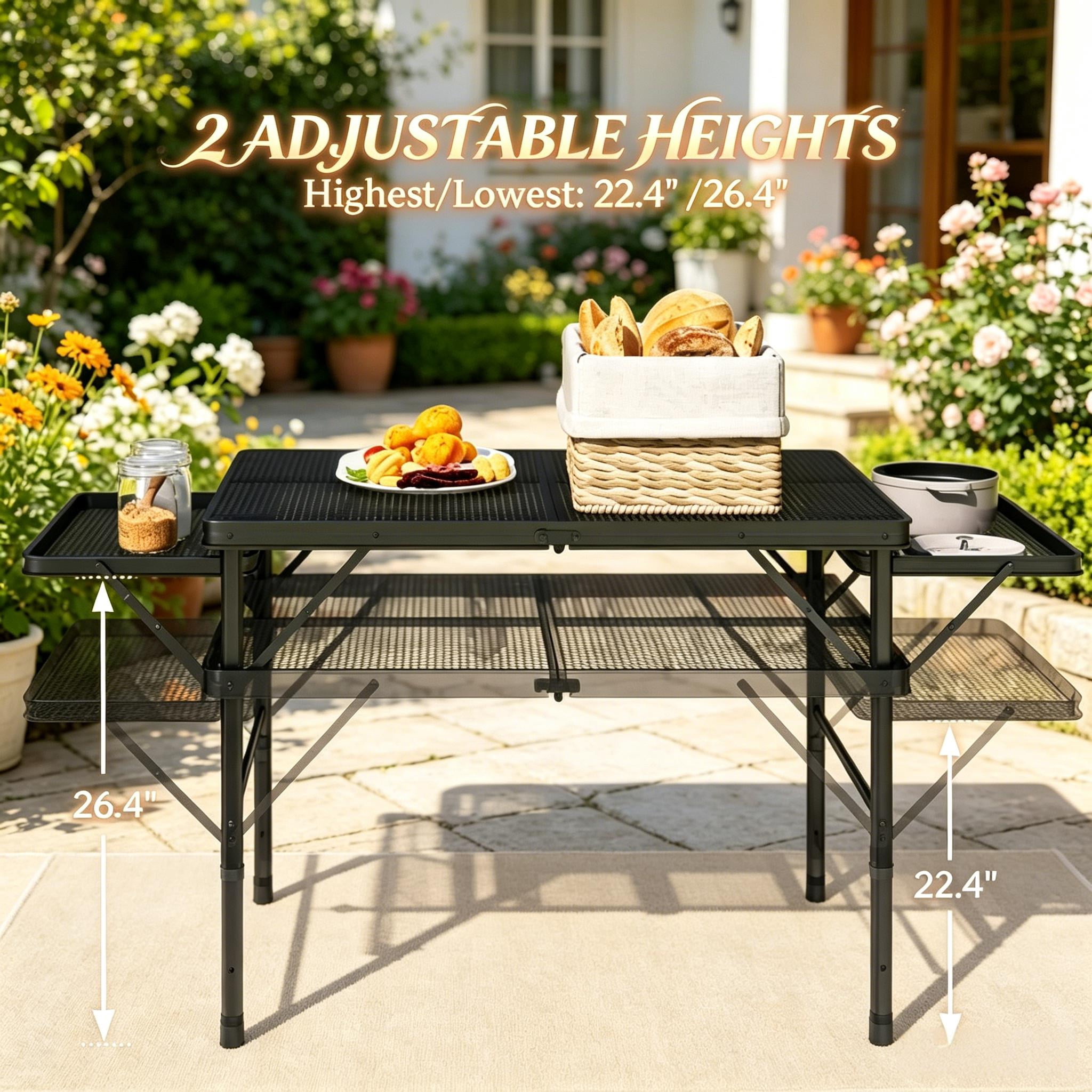 Foldable Expandable Outdoor Table, Adjustable Height Metal Camping Table with Side Wings, Waterproof Rust-Resistant Portable Picnic Standing Table for Patio BBQ Beach