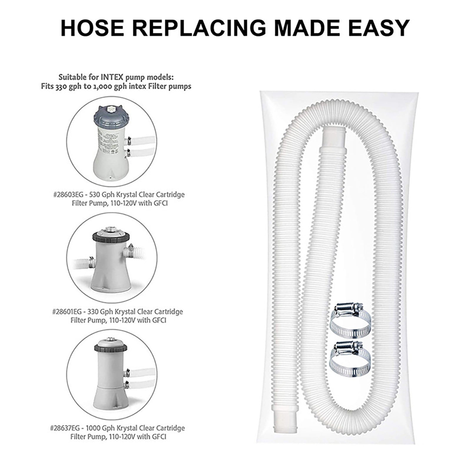 1.25 Inch Pool Pump Replacement Hoses for Above Groud Pools - Pool Hoses for In-tex Coleman Pool Filter Pump 607, 637 with 8 Clamps (4 Pack)