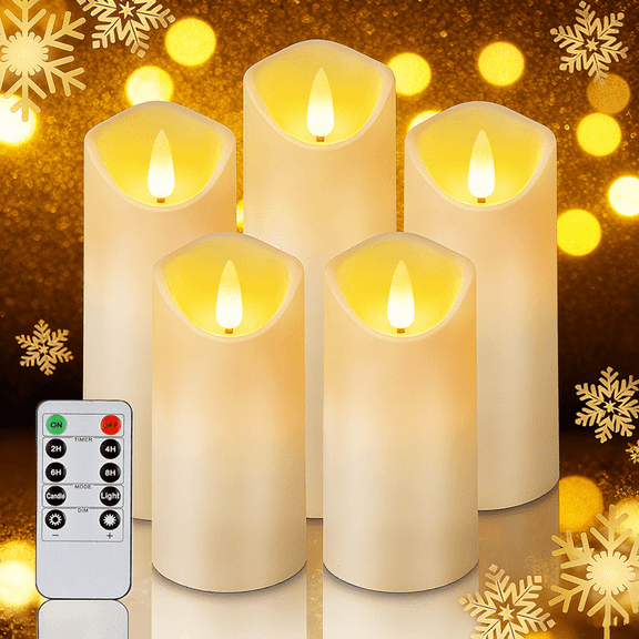 Homemory Flameless Pillar Candles LED Battery Operated Remote Control Frosted Plastic Ivory 5 Pack