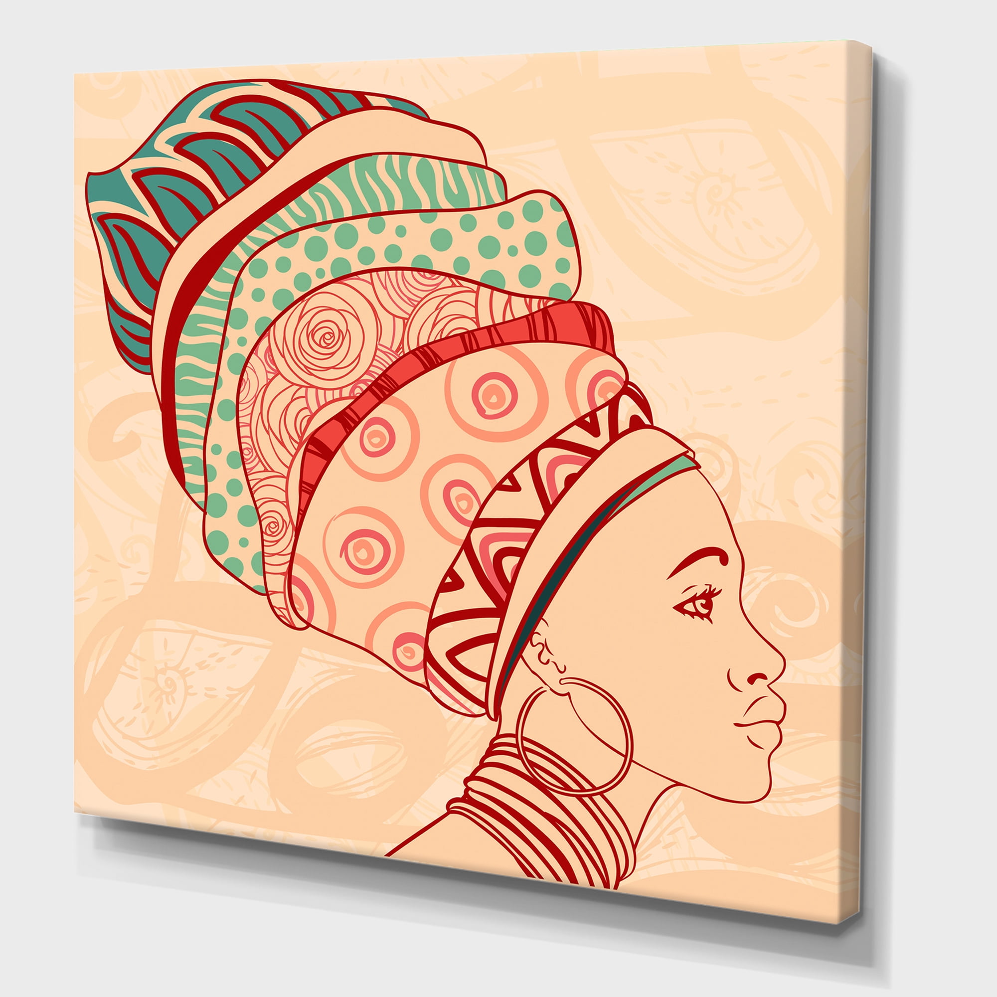 African American Woman Portrait with Turban II 36 in x 36 in Painting Canvas Art Print, by Designart