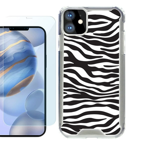 For Apple iPhone 12 Case, iPhone 12 Pro Case, Hybrid Bumper Phone case, with Tempered Glass Screen Protector, by OneToughShield ® - Zebra B/W