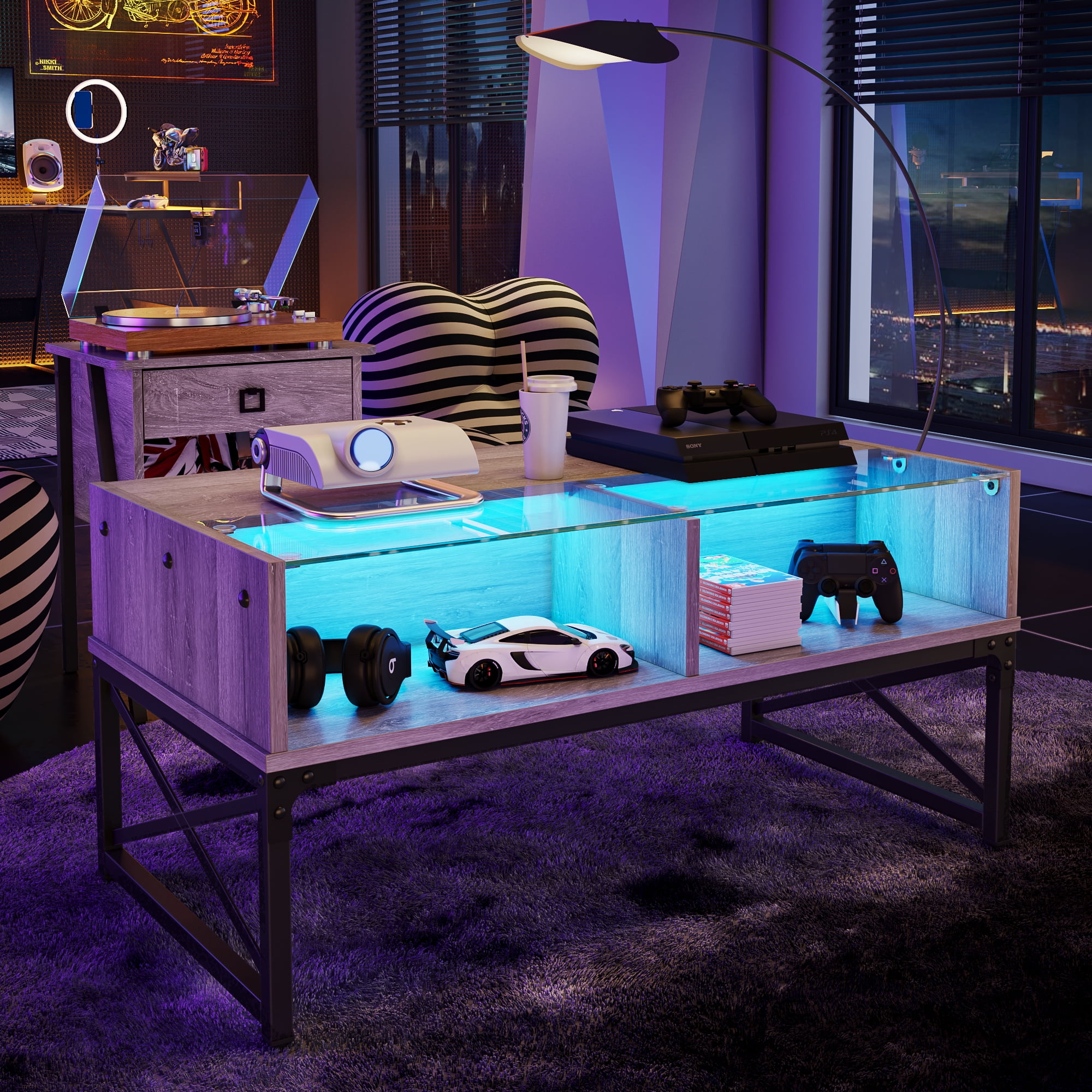 Bestier Coffee Table with LED Lights and Glass Shelf, Retro Grey