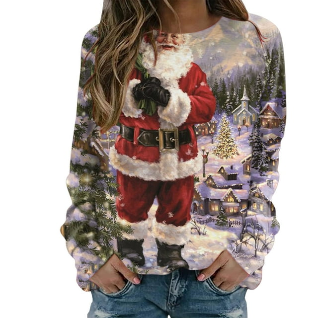 Chandail en Molleton de Noël pour Femmes Col Rond Pull Chaud Manches Longues Cardigan de Vacances Imprimé Mode Pull Mi-Long