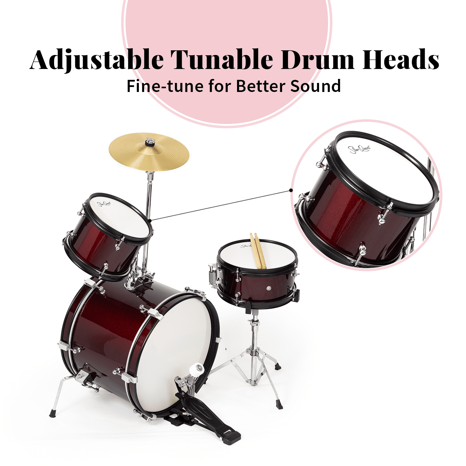 StarQuest Junior 3-Piece Drum Set – Premium Metallic Wine Red Finish with Bass, Snare, Tom and Crash Cymbal – Perfect for Junior Drummers and Beginners