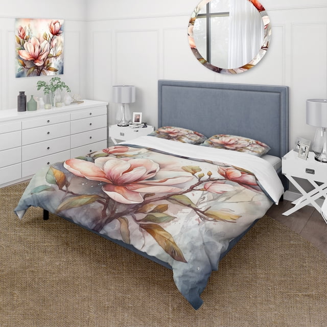 Designart "Magnolia Symphony in Red" Floral Magnolias Bedding Covert Set - Magnolias Red Floral Bed Set With 2 Shams