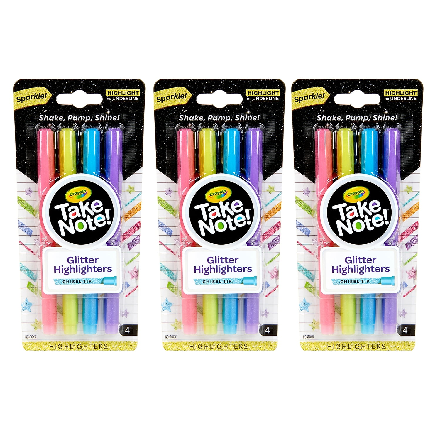 Crayola Take Note! Highlighters Chisel Tip 4 Glitter Colors Per Pack 3 Packs (BIN586636-3)