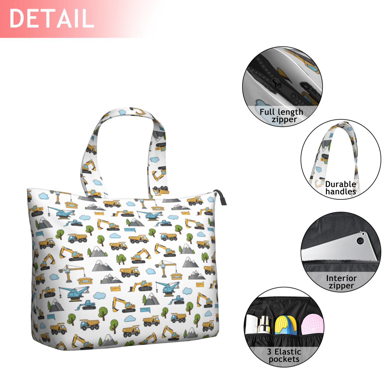 Cartoon Construction Vehicles Mountains White Pattern Travel Tote Bags for Women Carry On,Large Weekender Bags for Women Travel,Multi Functional Duffle Bag for Work,Shopping,Sports