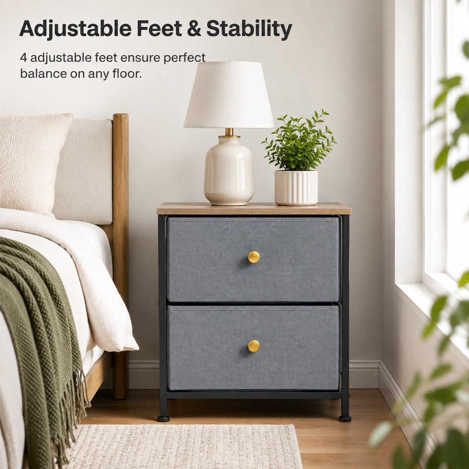 Alvantor Nightstand with 2 Storage Drawers, Small Bedside Table, Small Dresser with Sturdy Wooden Top for Daily Essentials, Compact Nightstand for Bedroom and Small Spaces