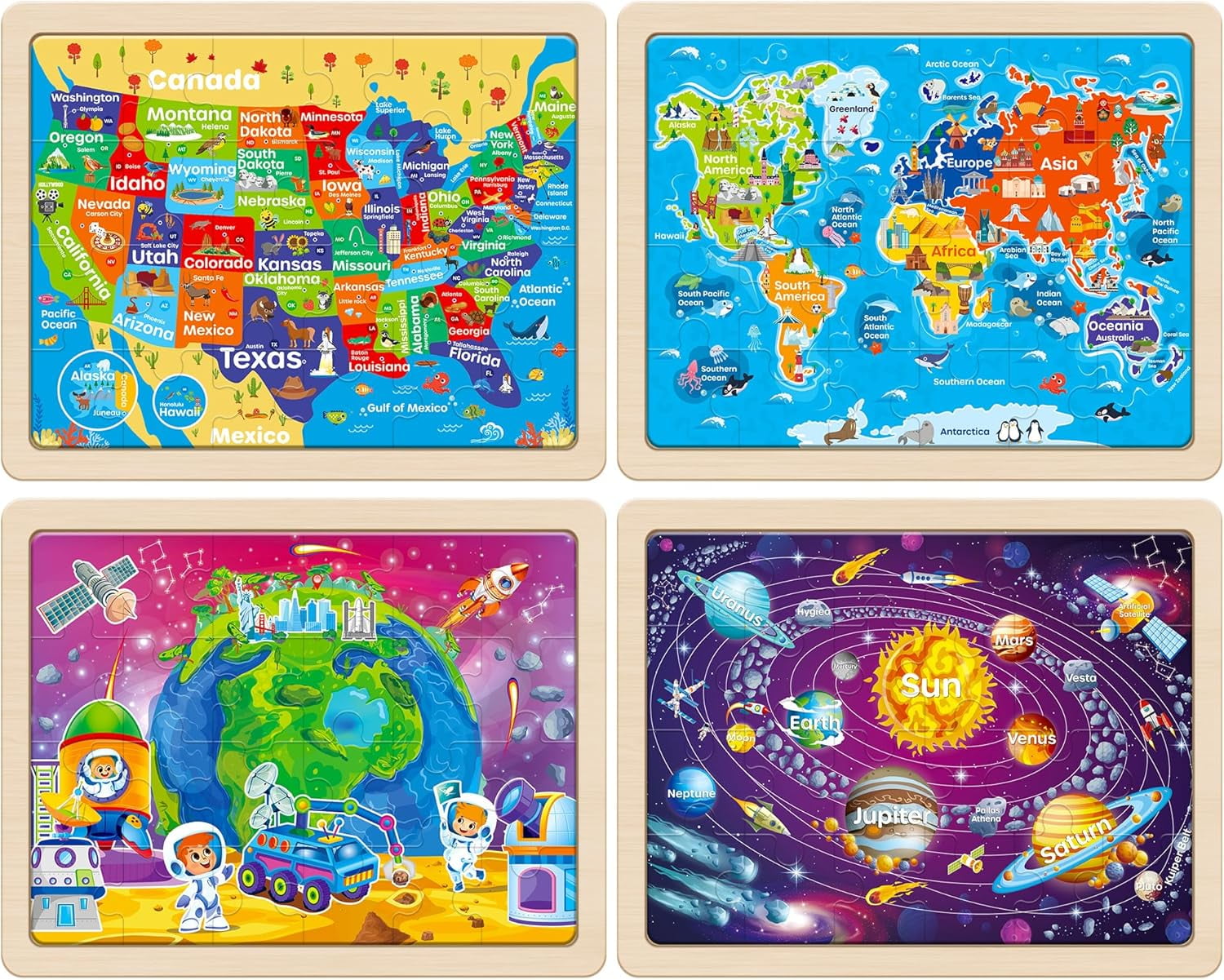 SYNARRY 4-in-1 Wooden Puzzle Set for Kids Age 3-8, Large USA Map, World Map, Earth & Solar System, 24pcs Each, FSC Certified Jigsaw Puzzles
