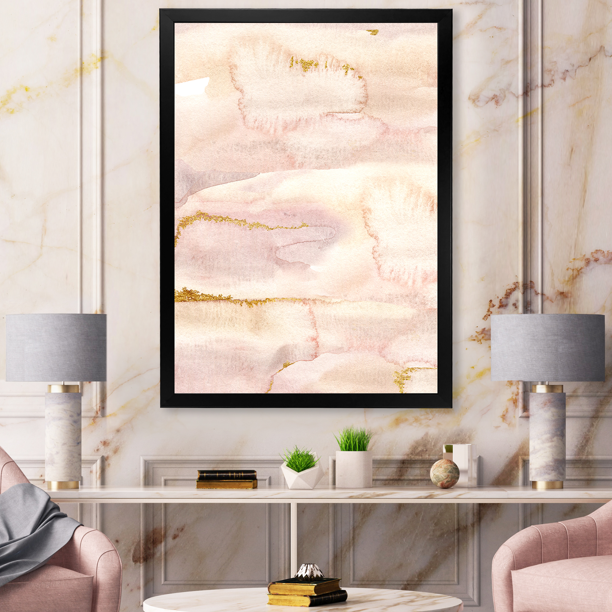 Designart 'Pastel Abstract With Beige Pink and Yelllow Spots' Modern Framed Art Print