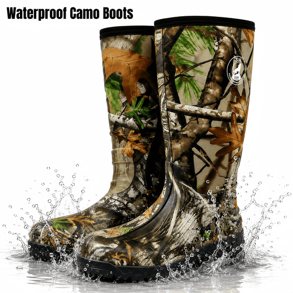 Men's Waterproof Camo Fishing Boots, 8mm Neoprene Tall Rain Boots with Anti-Slip Rubber Sole for Wet Grass, Farm, Yard & Outdoor Use