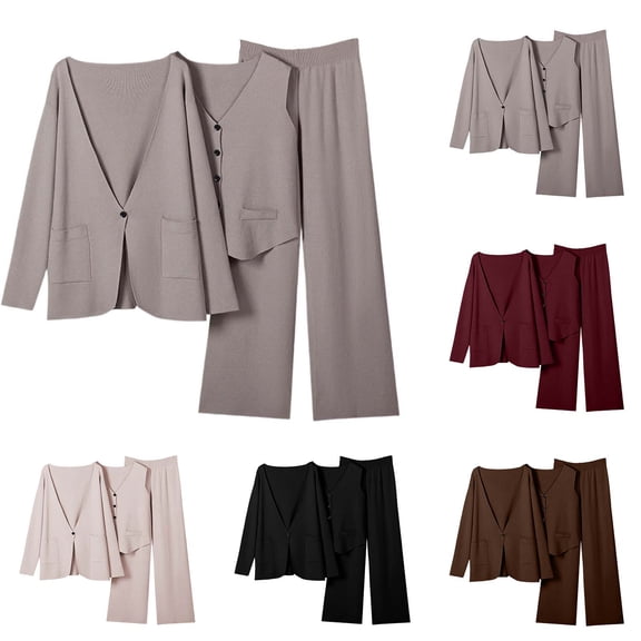 Women's Elegant 3 Piece Knit Outfit V Neck Cardigans Sleeveless Vest and Wide Leg Pants Suit Sets Soft Knitted Business Casual Tracksuit Wine