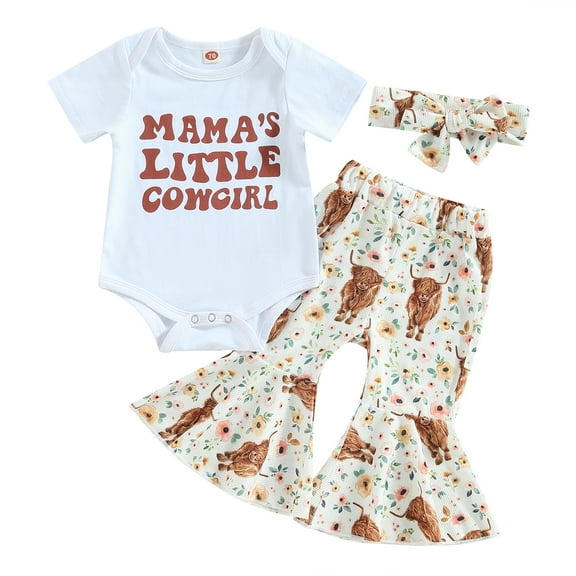 Western Baby Girl Clothes Short Sleeve Romper 3M 6M 12M 18M  Cow Print Flared Pants Bell Bottoms Headband 3Pcs Summer Outfit