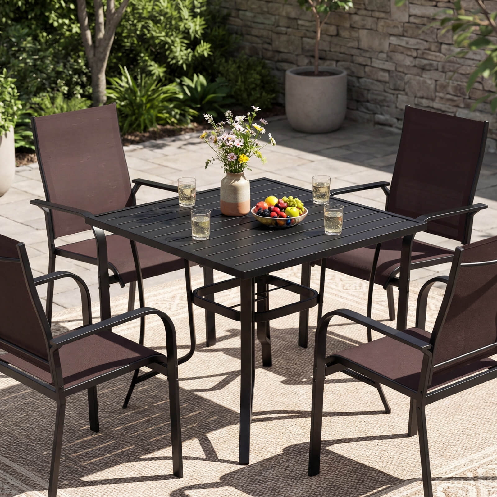 Costway 5 PCS Patio Furniture Dining Set, Outdoor Square Table & Stackable Chairs with Umbrella Hole Black and Coffee