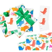 Itsy Belle Studio PresNok Dinosaur Wrapping Paper and Ribbon Set with Tags - Gift wrap Sheets - Fun Colorful Wrapping Paper