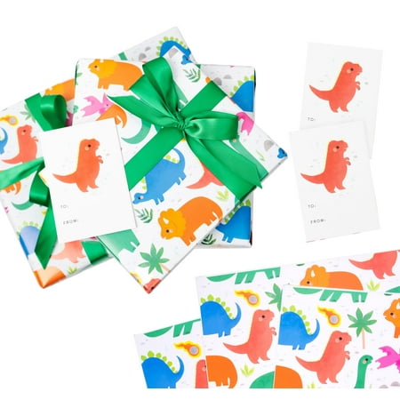Itsy Belle Studio PresNok Dinosaur Wrapping Paper and Ribbon Set with Tags - Gift wrap Sheets - Fun Colorful Wrapping Paper