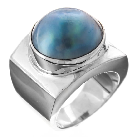 Substantial 3/4" Wide Blue Mabe Cultured Pearl 925 Sterling Silver Ring