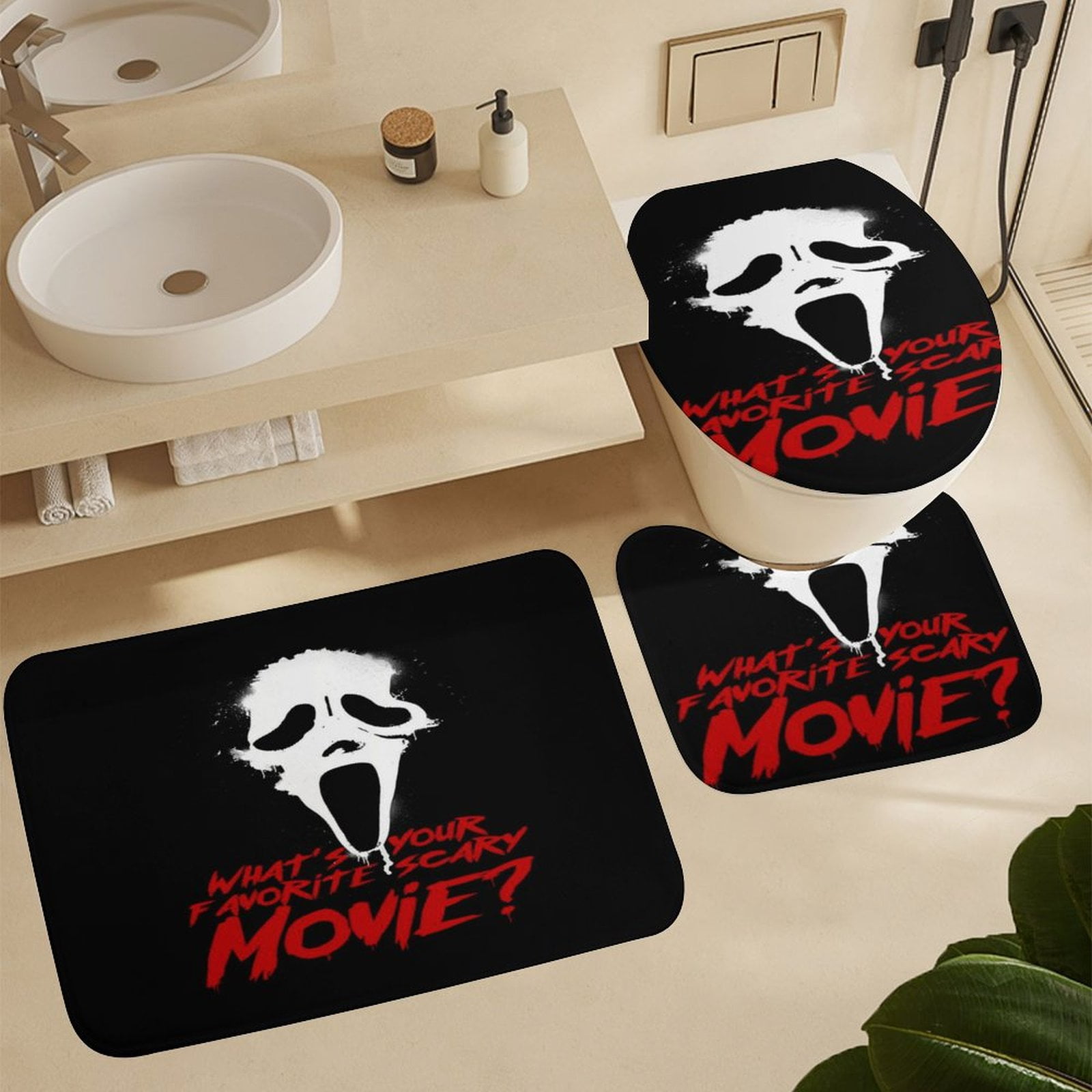 4 Pcs Horror Movie Scream Ghost Face Shower Curtain Sets with Non-Slip Rugs, Toilet Lid Cover and Bath Mat,Cartoon Waterproof Shower Curtain with 12 Hooks, Bathroom Decor Sets, 72" x 72"