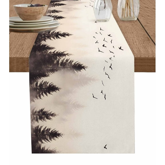 Rustic Mist Forest Table Runner Cotton Linen 48 Inch Holiday Dresser Scarves, Vintage Watercolor Natural Landscape Tablerunner for Kitchen Coffee Dining Bedroom Dinner Scarf Décor 13''x48''