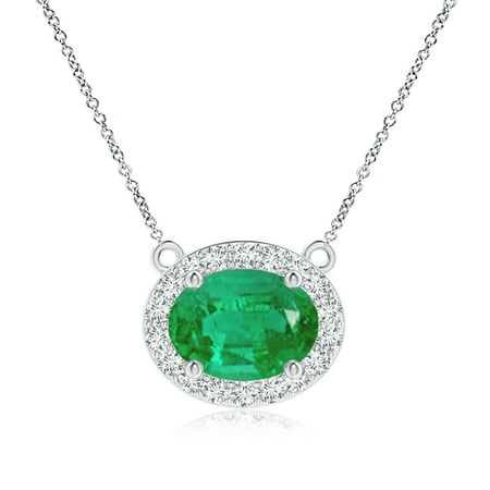 - Mother's Day Jewelry - East-West Oval Emerald Necklace with Diamond Halo in 14K White Gold (8x6mm Emerald) - SP0832ED-WG-AA-8x6