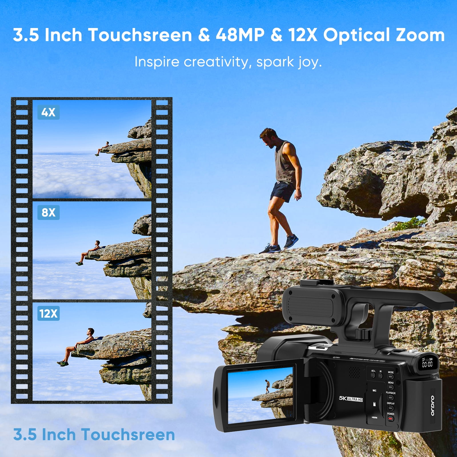 ORDRO Video Camera 5K 30FPS Camcorder 48MP Photo Vlogging Camera 12X Optical Zoom 3.5''Screen for Photography Youtube