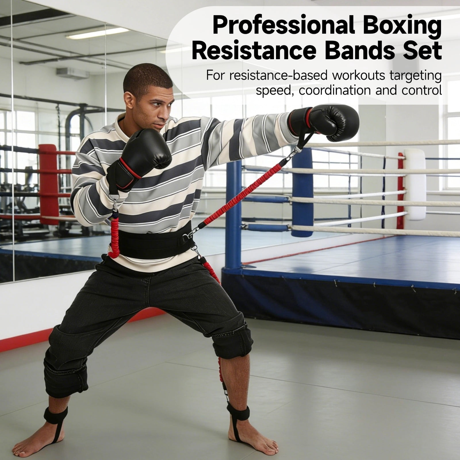 12 PCS Boxing Resistance Bands Set, 15 Lbs Resistance Exercise Bands with Adjustable Wrist Ankle Cuffs Waistbelt, Portable MMA Martial Arts Training Kit for Explosive Power Speed Agility