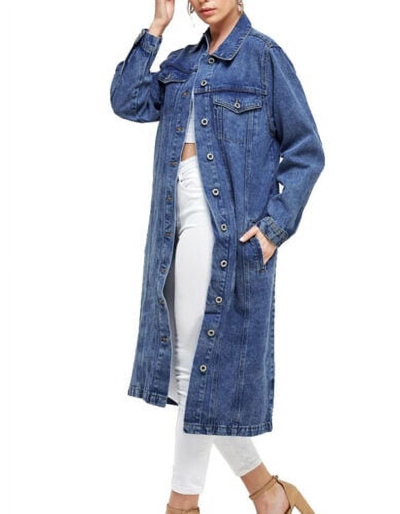 Women's Long Casual Maxi Length Denim Cotton Coat Oversize Button Up Jean Jacket (Dark Blue, S) - image 2 of 4