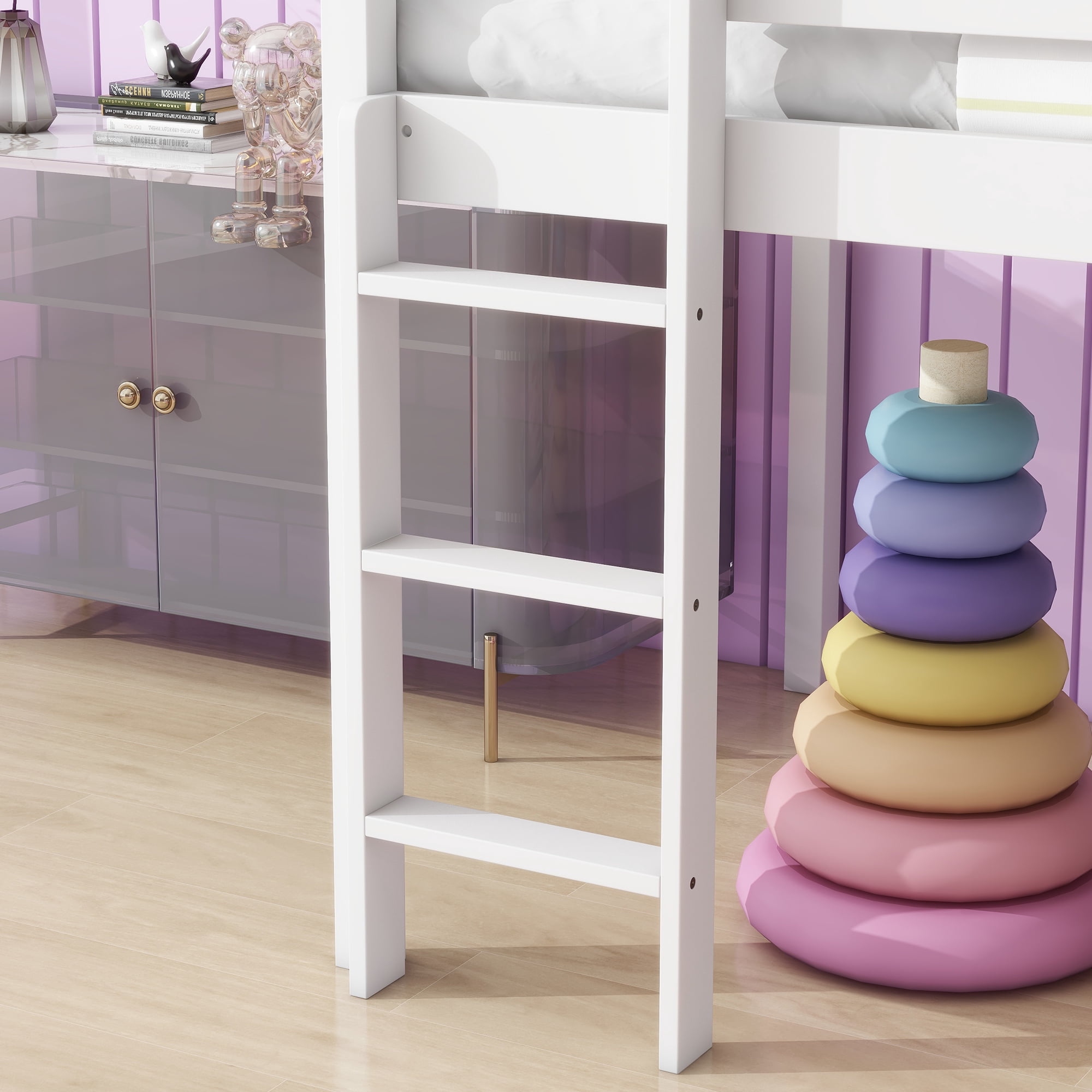 Alvantor Twin Loft Bed with Slide Sturdy Wood Loft Bed for Kids Teens, 300lbs, Safety Rails and Easy Assemble, White Oak