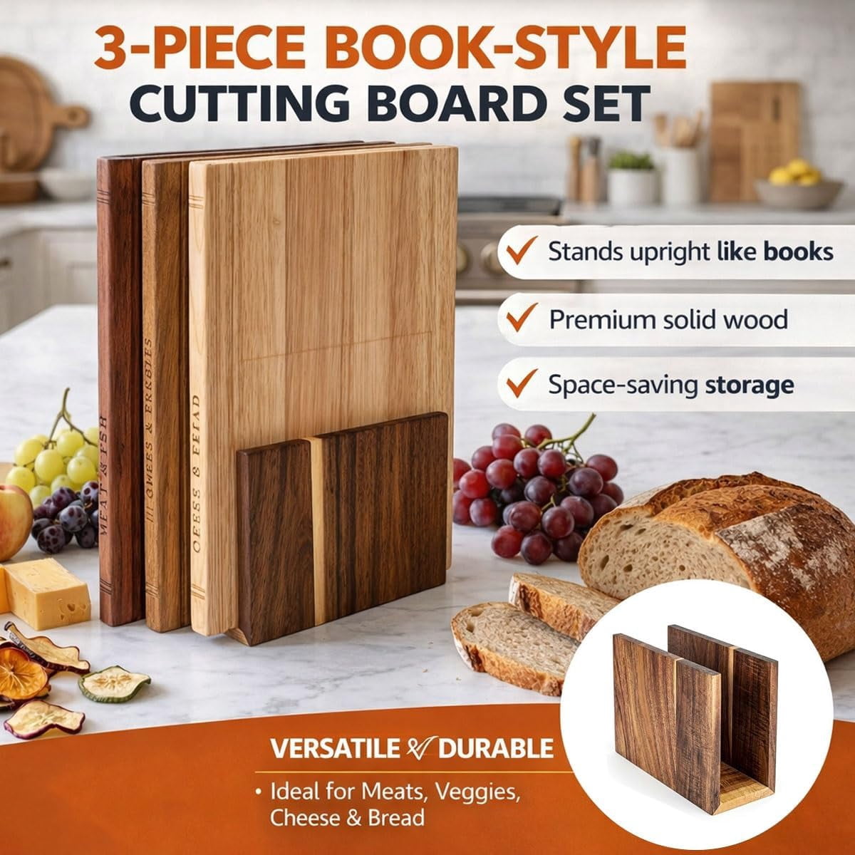 3-Pack Book Shaped Acacia Wood Cutting Board Set with Stand for Kitchen Meal Prep