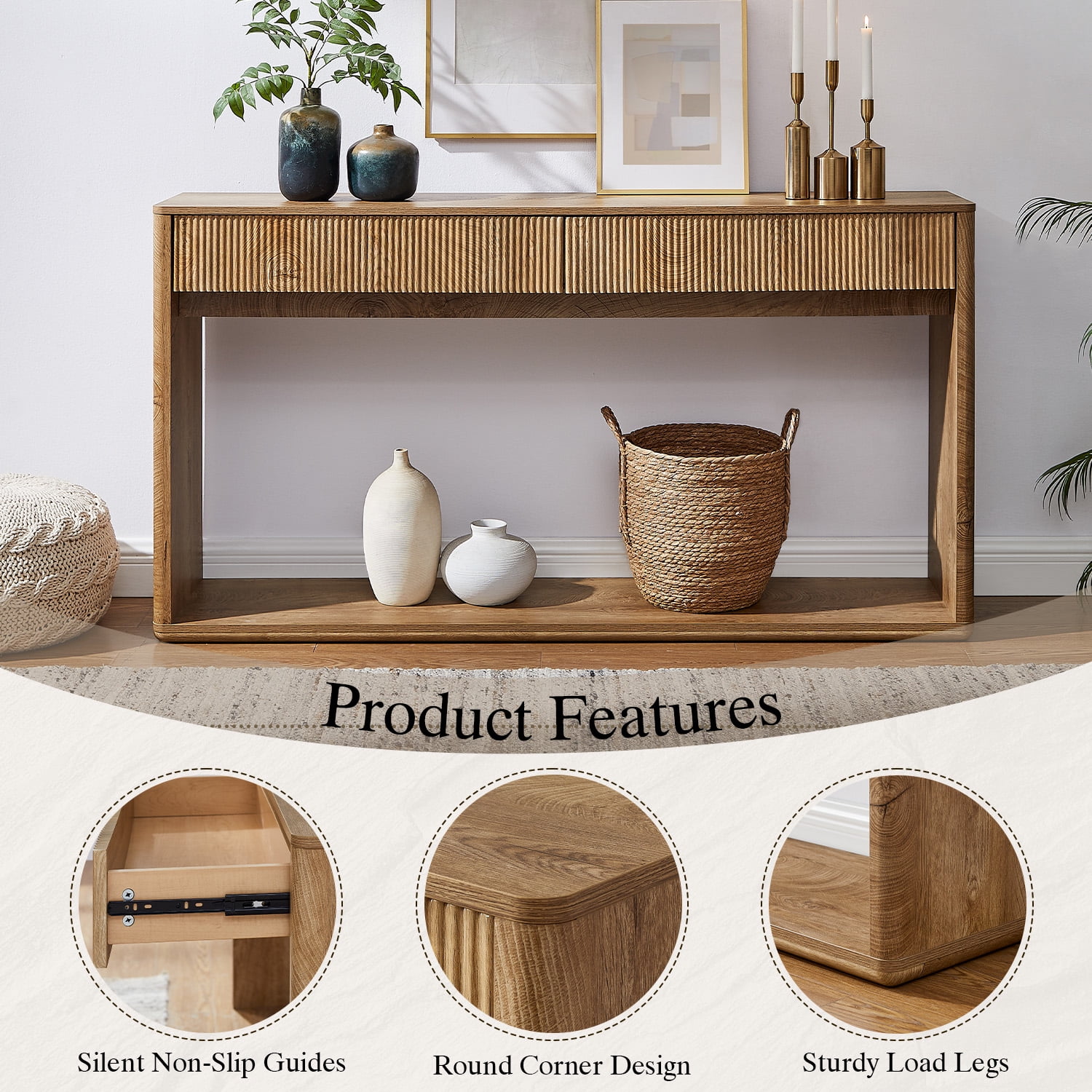 KeyWhat 63" Fluted Console Table with 2 Drawers, Modern Entryway Sofa Table with Anti-Tip Kit, Sturdy Long Console Table for Living Room, Hallway and Foyer , Light Knotty Wood