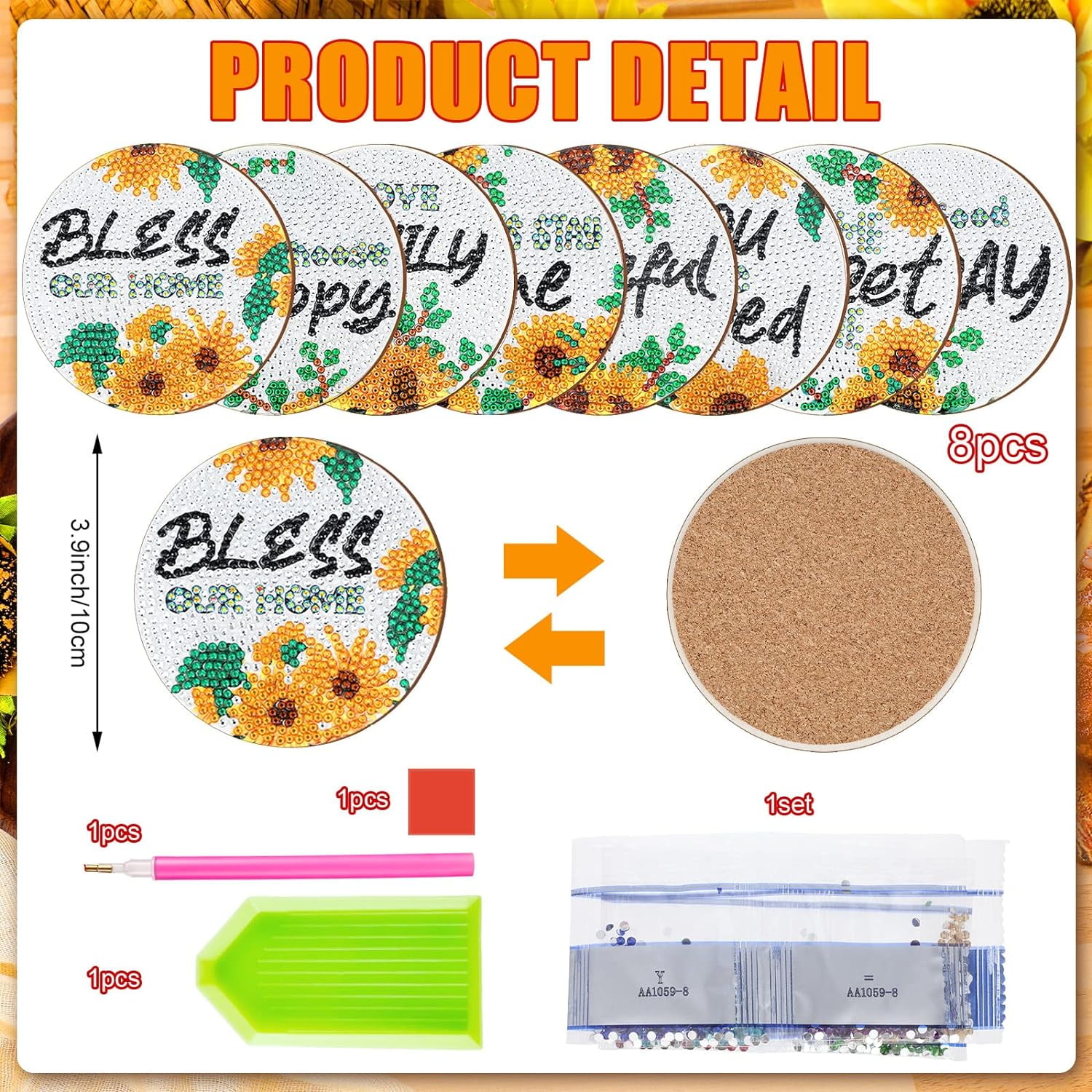 Goyunwell 8Pcs Sunflowers Diamond Art Painting Coasters Kits with Holder Diamond Art Non Slip Coaster Kits DIY with Holder Crafts for Adults Diamond Art Painting Kits Supplies for Christmas Gift
