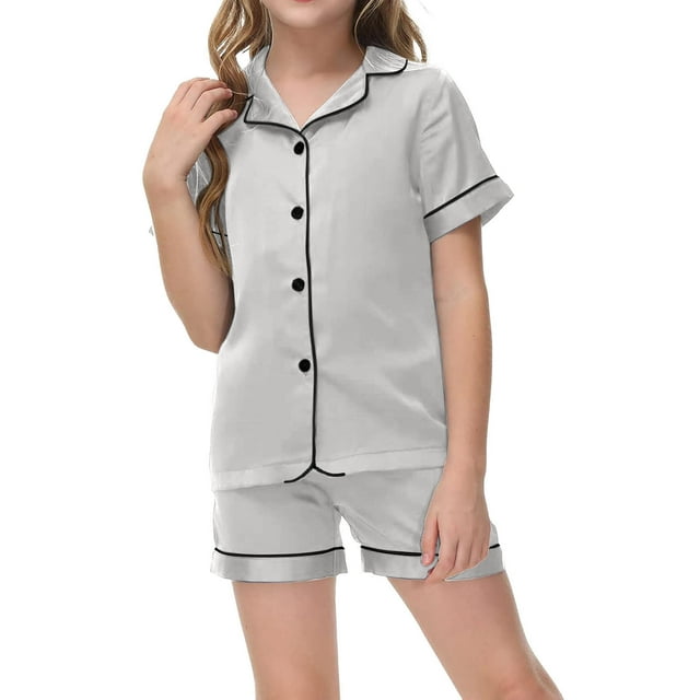 Boy Pajama Set Solid Short Sleeves Button Down Solid Tops T Shirt Set Girls Casual Pajamas Set Girl Pjs Size 8-9 Years Boys Girls Fashion